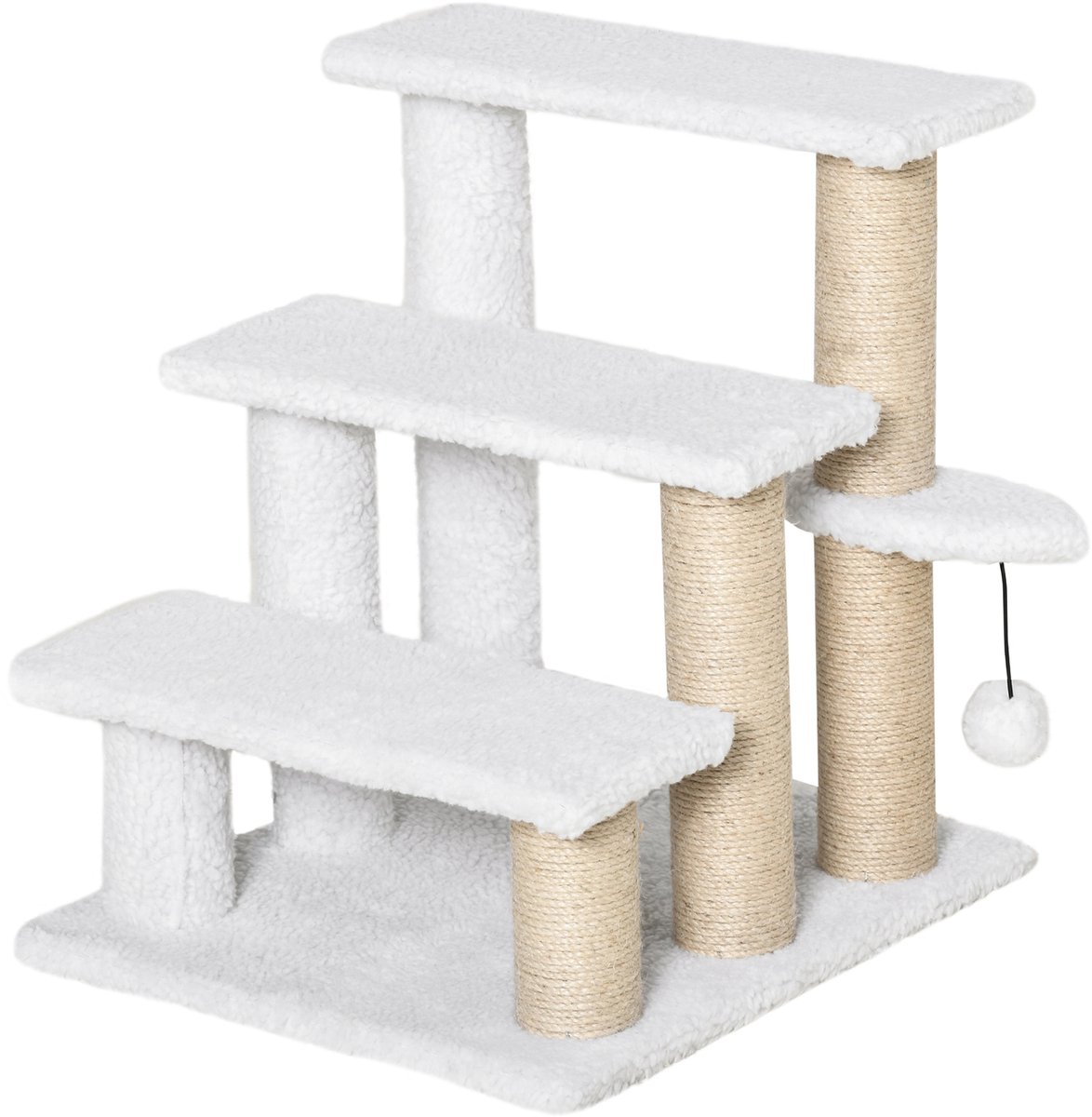 Kattentrap 3 treden - Met krabpalen en speelbal - Geschikt voor katten en honden - Helpt bij klimmen en springen - Gemaakt van zacht pluche en duurzame jute - 45x40x48 cm in wit