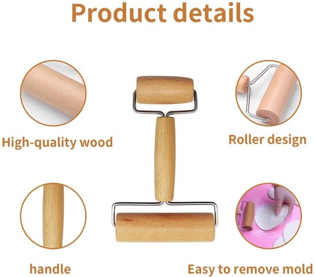 Deegroller Dubbelkop - Beukenhout - T-vormig - 17,5 x 11,5 x 3 cm - Voor Pizza/Koekjes - Ergonomisch Handgreep - Glad Oppervlak - Bakgereedschap