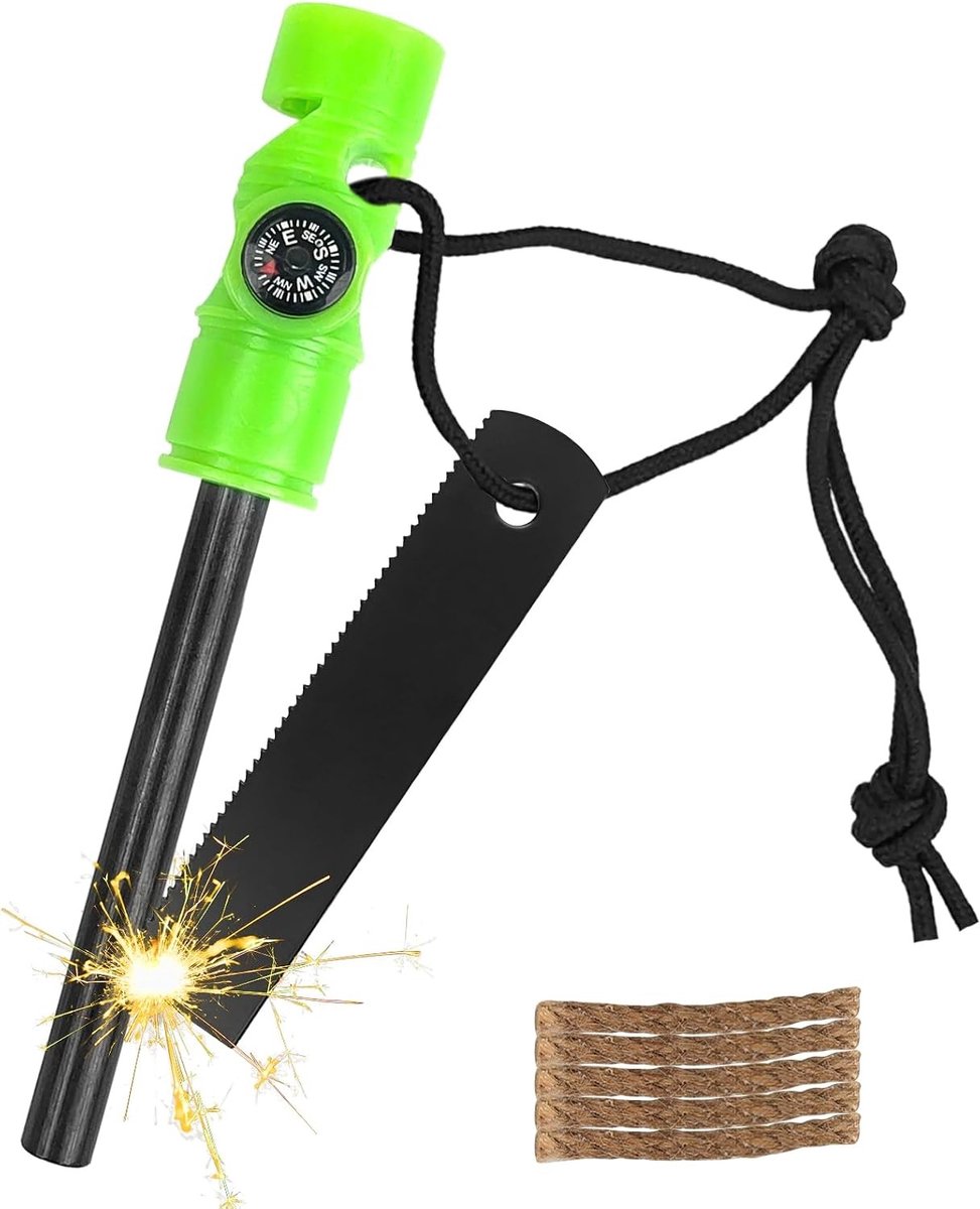 Vuurstarter - Groen - 11,9 x 1,8 cm - Magnesium en Ferrocium Vuursteen met Kompas en Fluit - Voor Outdoor en Survival
