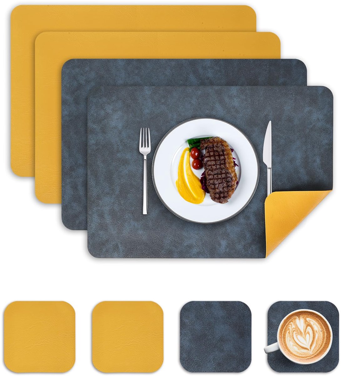 Famanu – Set van 4 hittebestendige placemats en onderzetters van waterdicht PU-materiaal, dubbelzijdig en wasbaar, antislip voor de keukentafel (blauw en geel