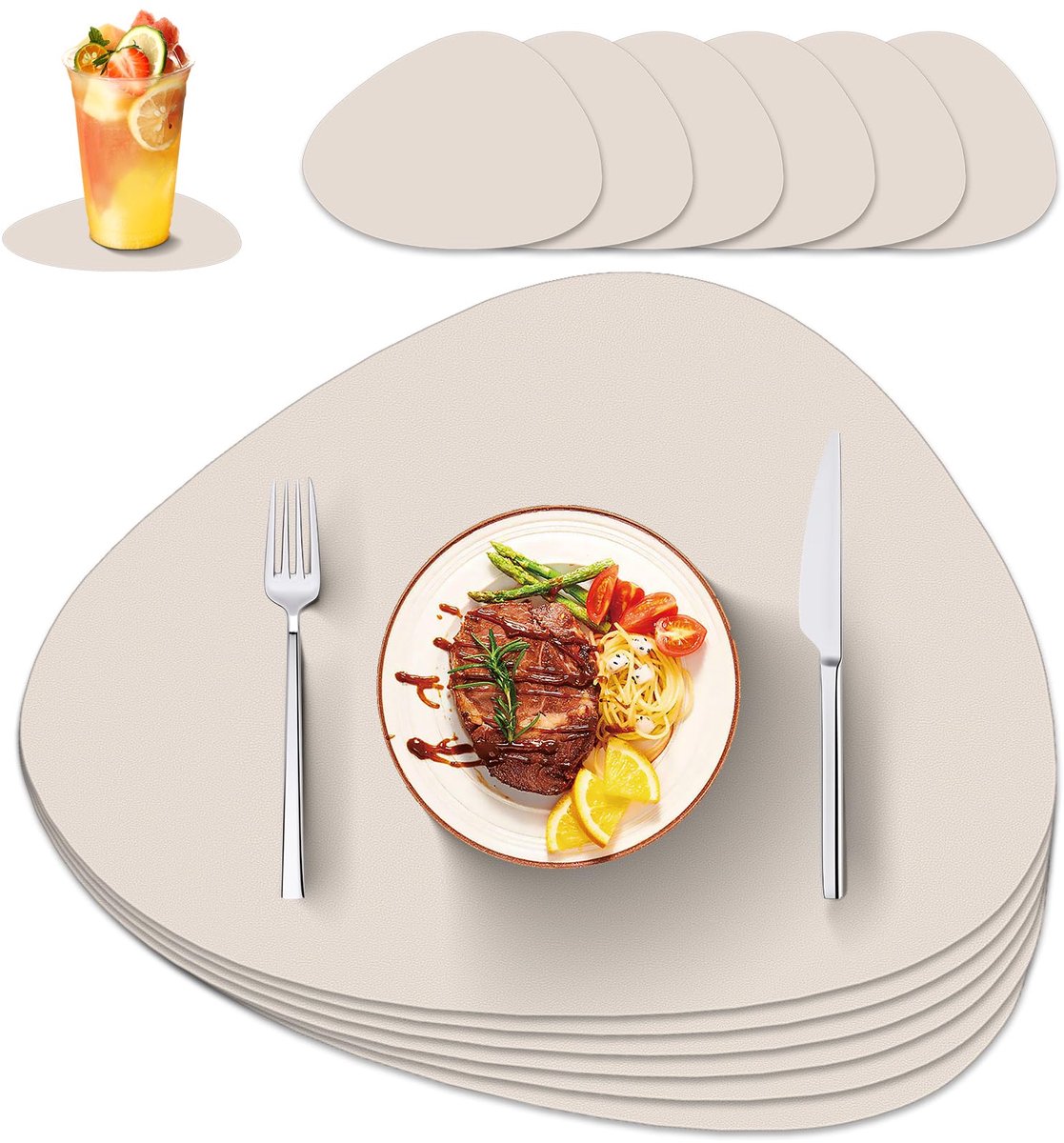 Famanu – Afwasbare placemats van kunstleer, duurzaam en waterdicht, dubbelzijdig, milieuvriendelijk, set van 6 in beige, geschikt voor thuis en kantoor