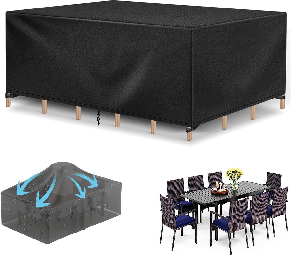 Famanu – Beschermhoes voor tuinmeubelen van 600D, robuuste hoes voor meubels in verschillende maten, opvouwbaar, tuintafelhoes voor buiten, 280 x 160 x 80 cm