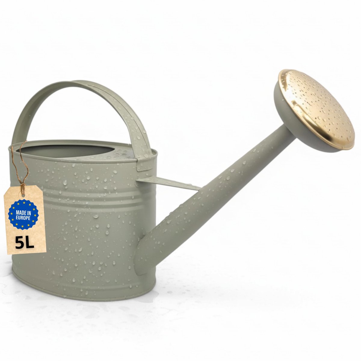 Famanu – Bloemengieter van 5 liter, hoogwaardige metalen gieter met afneembare brause, retro ontwerp in groen, ideaal voor tuin en balkon