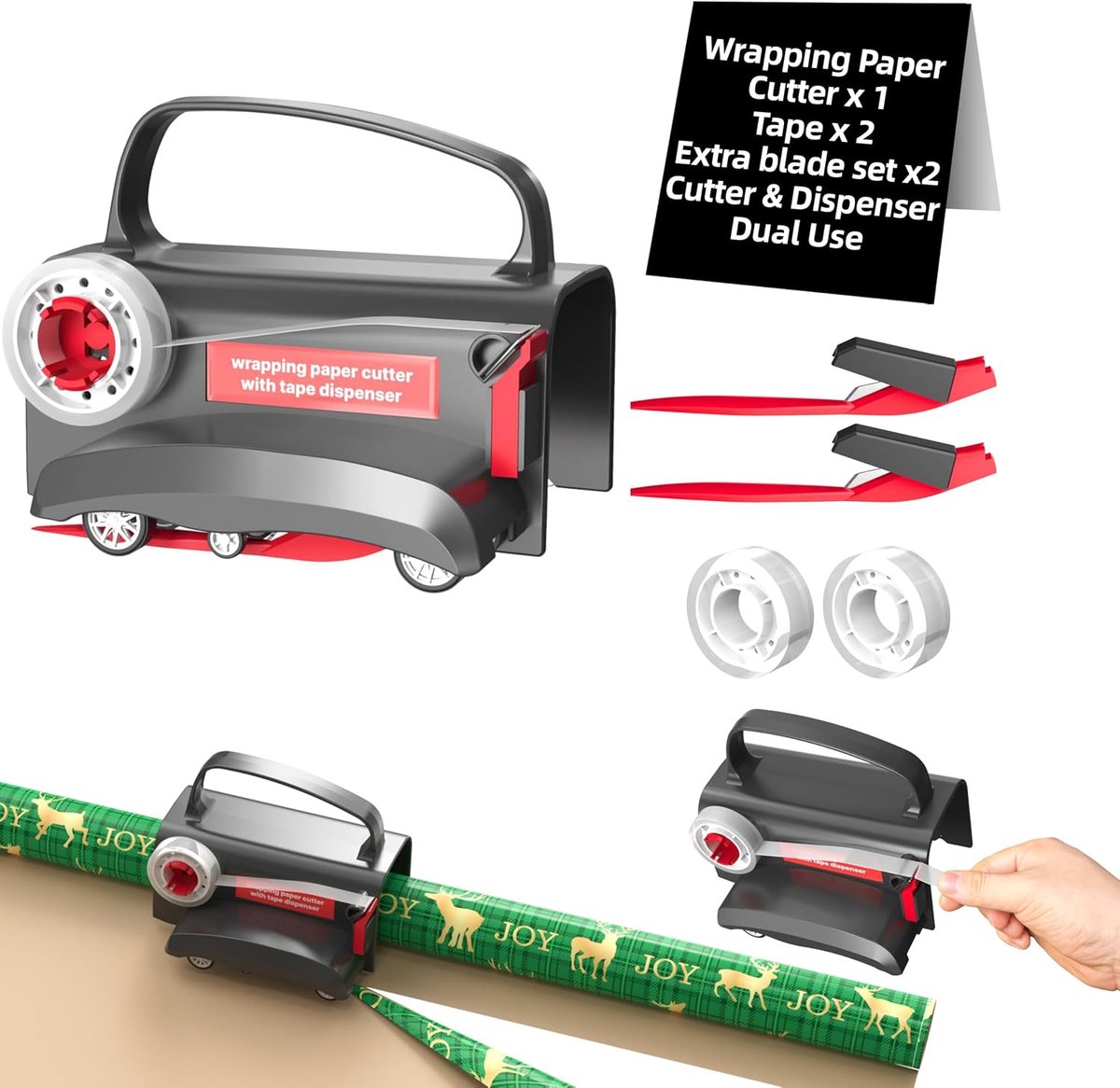 Cadeaupapiersnijder voor rollen - 1 draagbare papiersnijder met wielen - wordt geleverd met 2 plakband en 2 verwisselbare messen - voor cadeaupapier - verjaardag - Kerstmis enz