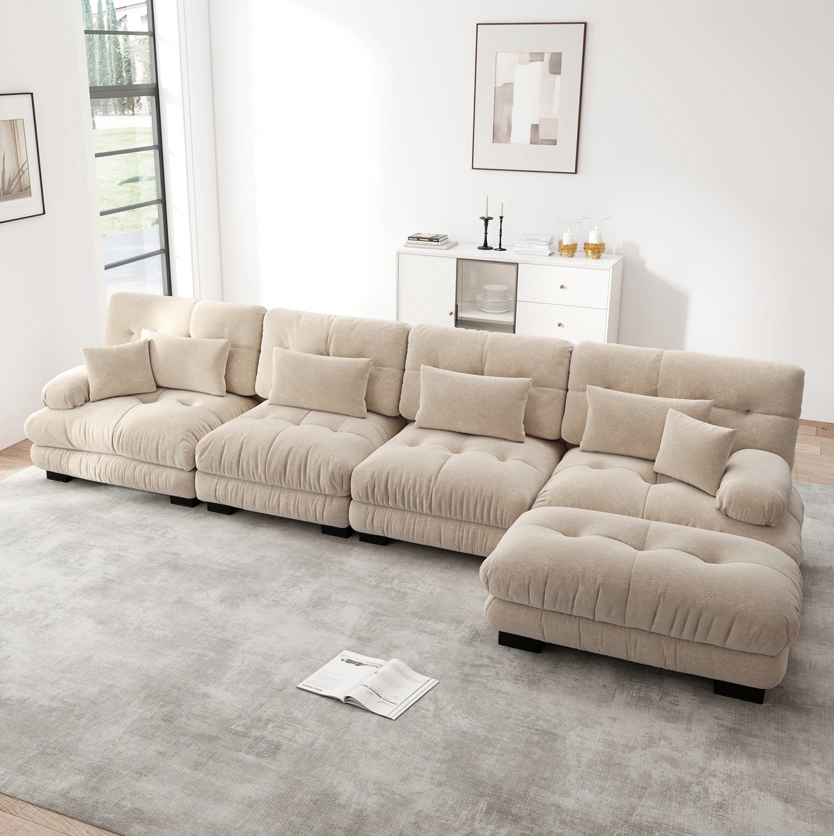 DESMIU Hoekbank 4-Zits - Modulaire L-Vormige Bank Met Verplaatsbare Ottoman En Cloudcomfort - Voor Woonkamer En Kantoor - Chenille - Licht Koffie
