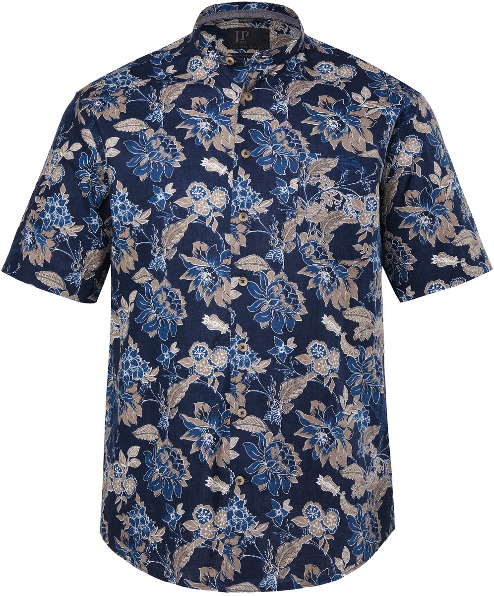 JP 1880 - Heren - Overhemd korte mouwen linnenmix bloemmotief opstaande kraag - Navy blauw - Maat L