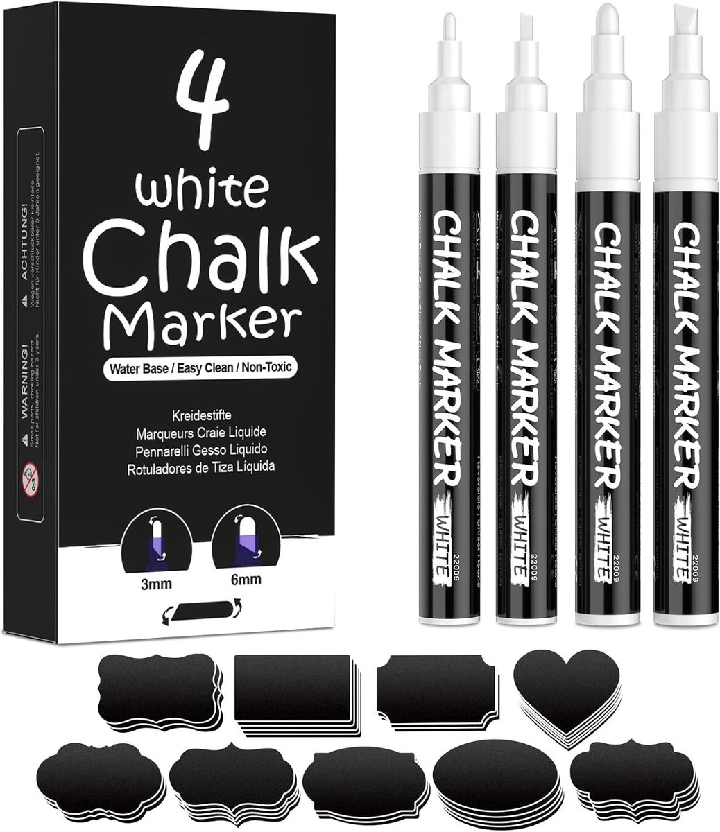 Krijtstiften Set - Wit - 4 Stuks - Afwasbare Vloeibare Krijtstiften - Voor Kalligrafie en Handlettering
