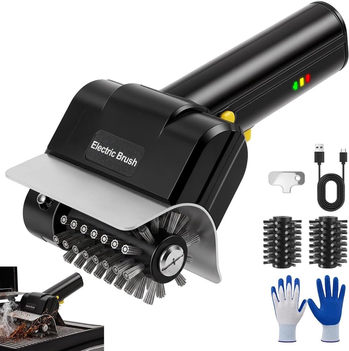 Elektrische Grillborstel 3-in-1 Set, Oplaadbare Draadloze Schoonmaakborstel met Vervangbare RVS Borstelkop voor Grillroosters, Waterdicht en Stil, 600RPM