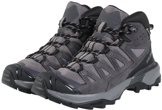 Grijze Salomon X Ultra 360 LTR MID GTX dames wandelschoenen met veters, Gore-Tex logo en zwarte zolen.