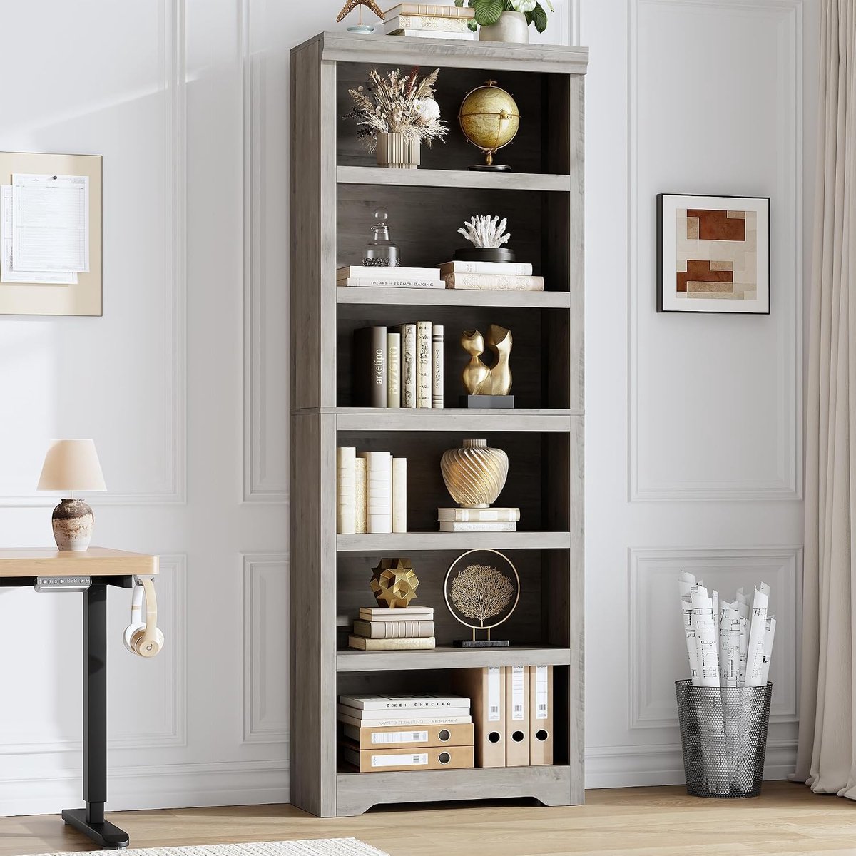 Hoge Boekenkast 6 Lagen - 60x29.5x190cm - Boekenkast Vintage - Verstelbare Planken - Kantelbeveiliging - Open Opbergkast - Voor Woonkamer Kantoor - Grijs