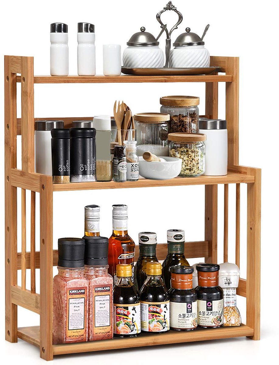 Famanu – Kruidenrek met 3 niveaus van bamboe, met verstelbare plank, opbergrek voor keuken, badkamer en werkkamer, 41,5 x 18 x 50 cm, naturel