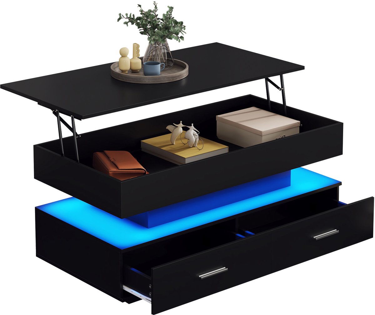 Ropilly Lift top salontafel - in hoogte verstelbare salontafel - met LED verlichting - verborgen opbergruimte - 2 lades - woonkamer - 100x50x44 cm - Zwart