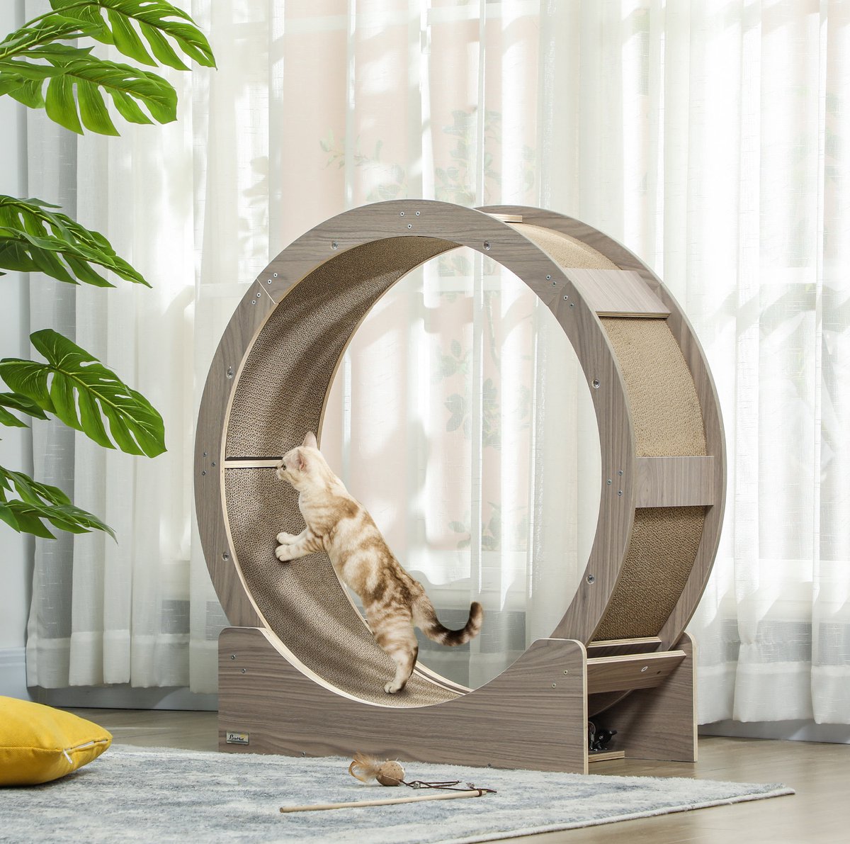 REDOM - Kattenlooprad met krabmat - Met rem - Houten constructie - Voor actieve beweging en ontspanning - Walnoot - 91 x 33,5 x 94 cm