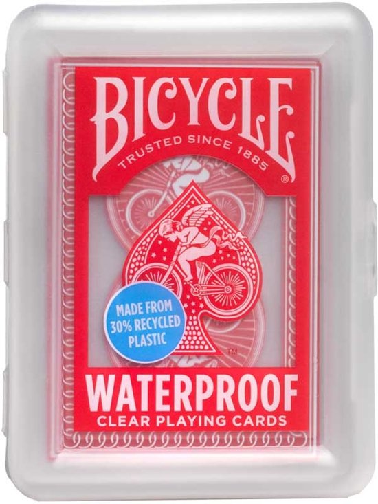 Bicycle waterdichte speelkaarten in een doorzichtig doosje. Rode verpakking met Bicycle logo, "Trusted since 1885", "Waterproof" en "Clear Playing Cards".