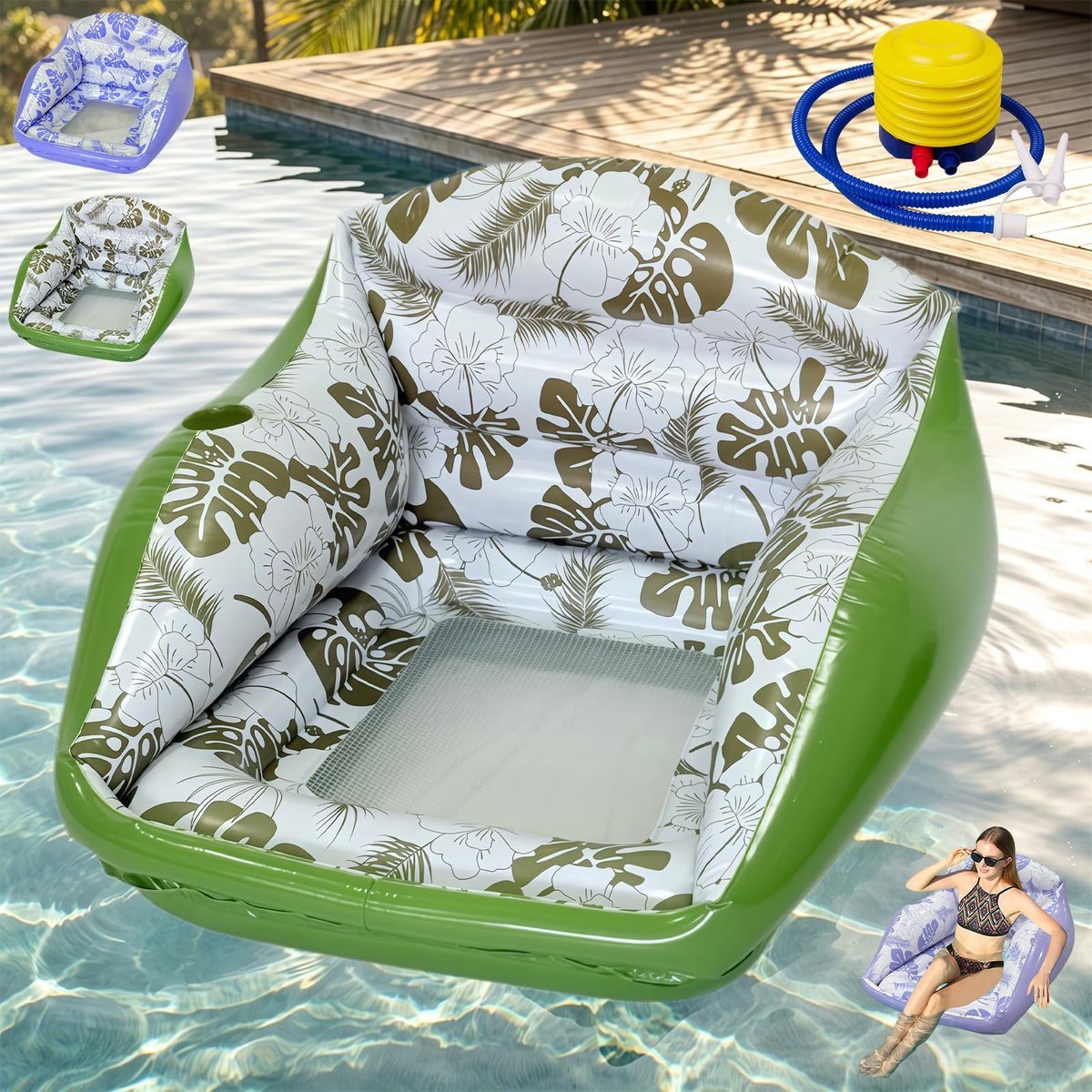Casalora 3-in-1 Opblaasbare Zwembadstoel 84 x 85 cm – Pool Float met Voetpomp en Bekerhouder – Water Hangmat voor Strand en Zwembad – Groen