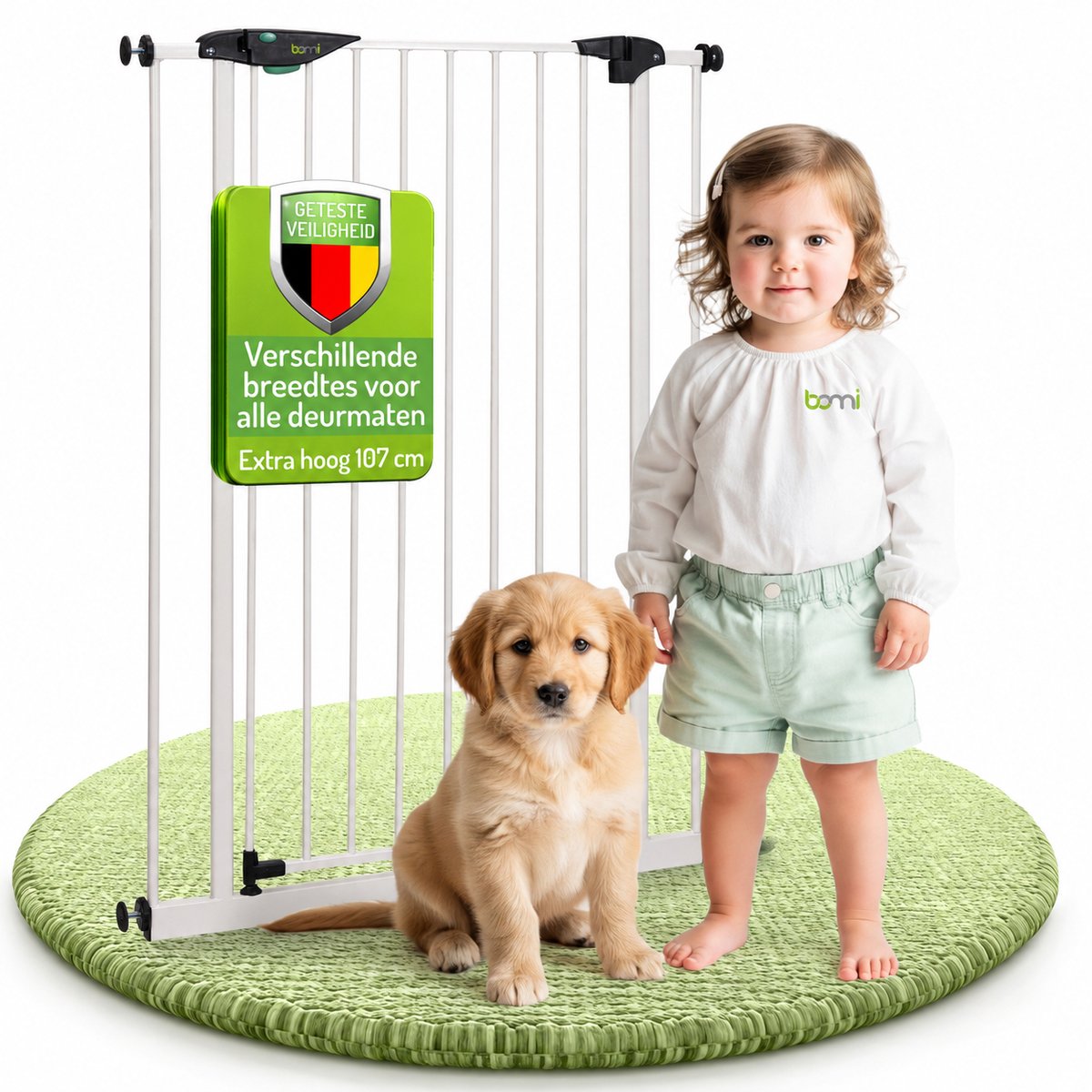 Bomi Mira Hondenhek Traphekje Extra Hoog 107 cm 103 t/m 111 cm Wit - Voor Grote Honden - Zonder Boren of Schroeven - Zelfsluitend - 90° Vastzetfunctie - Veiligheidshekje - Kinderhekje - Hondenhekje voor Binnen