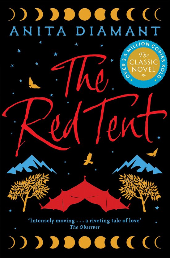 Boekhoes voor 'The Red Tent' van Anita Diamant met een rode tent, blauwe bergen en gele bomen op een zwarte achtergrond met manen en sterren.