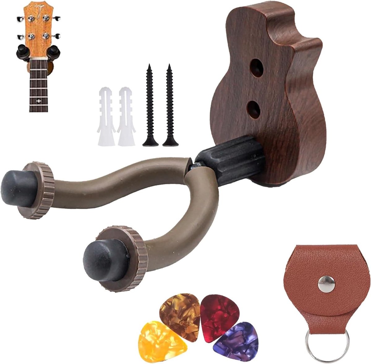 Gitaarhouder voor Aan de Muur - Bruin - V-Vormige Houten Standaard met Accessoires - Voor Gitaristen