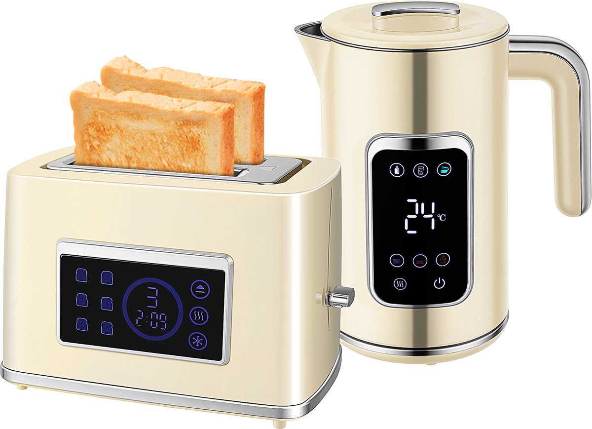TEKROA® Waterkoker - Broodroosters - Tweedelig set - LED-display, waterkoker van 1,7 liter (2200 W), broodrooster met brede sleuven voor twee sneetjes - crèmekleurig