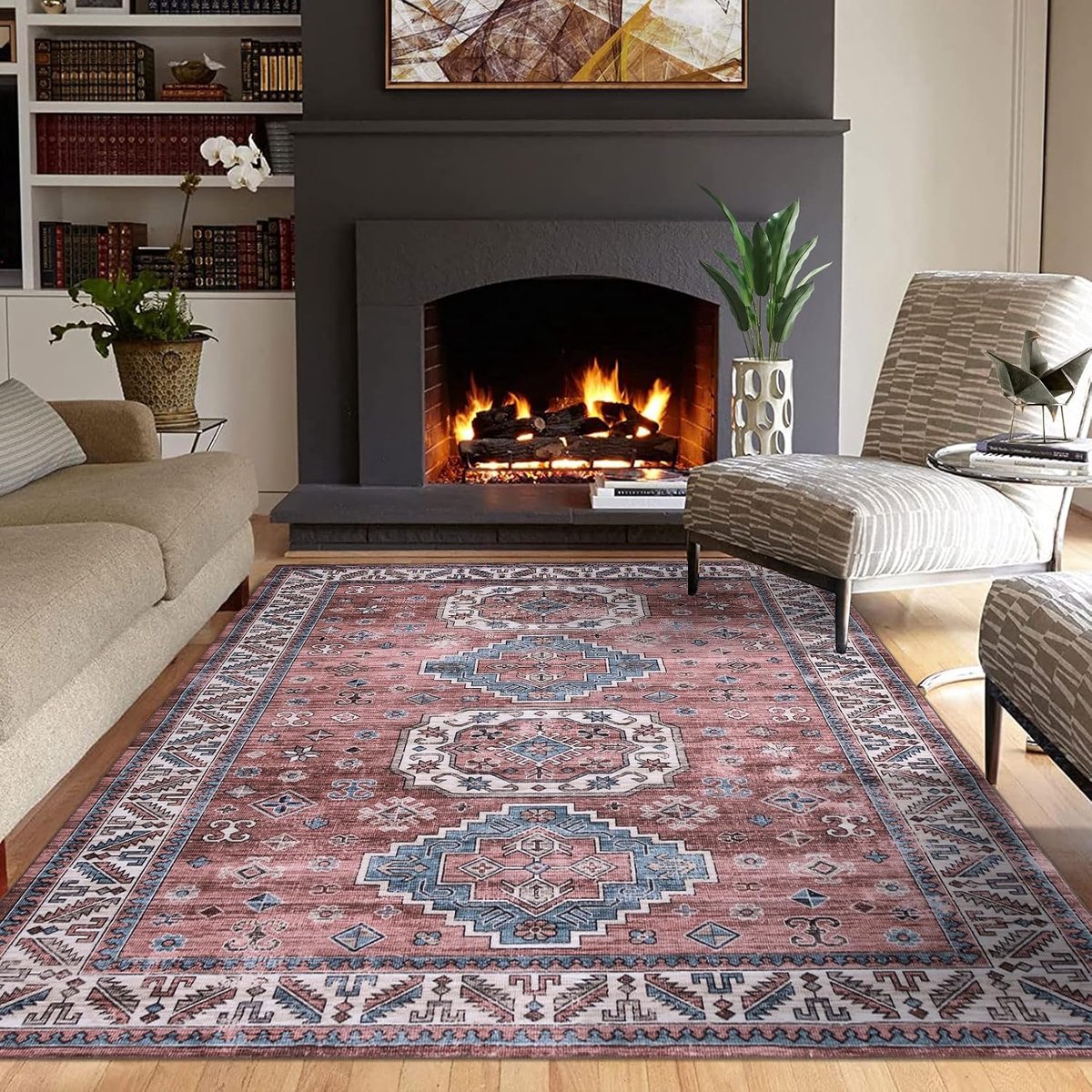 Vloerkleed Perzisch Etnisch Dessin Kersenbloesemroze 160x230 cm Polyester Wasbaar Opvouwbaar