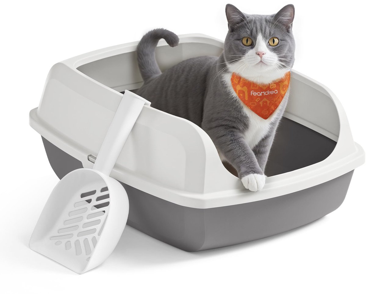 Famanu – Open kattenbak met hoge zijkanten, XL formaat, inclusief schepje voor eenvoudige reiniging