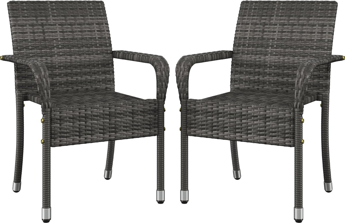 Famanu – Set van 2 rotan stoelen, stapelbaar met armleuningen, voor tuin, balkon en terras, grijs