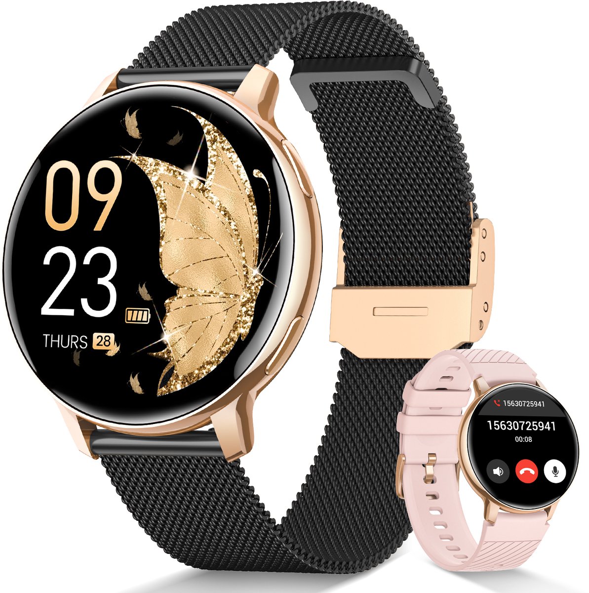 FOSMET AMOLED Smartwatch Dames 2026 - Horloge Dames - Zinklegering Behuizing en 2x Siliconen & RVS Bandje - Fitnesstracker Horloge met Belfunctie - Hartslagmeter, SpO2, Bloeddruk - Cyclus Tracking - Geschikt voor Android & iOS - Zwart-goud