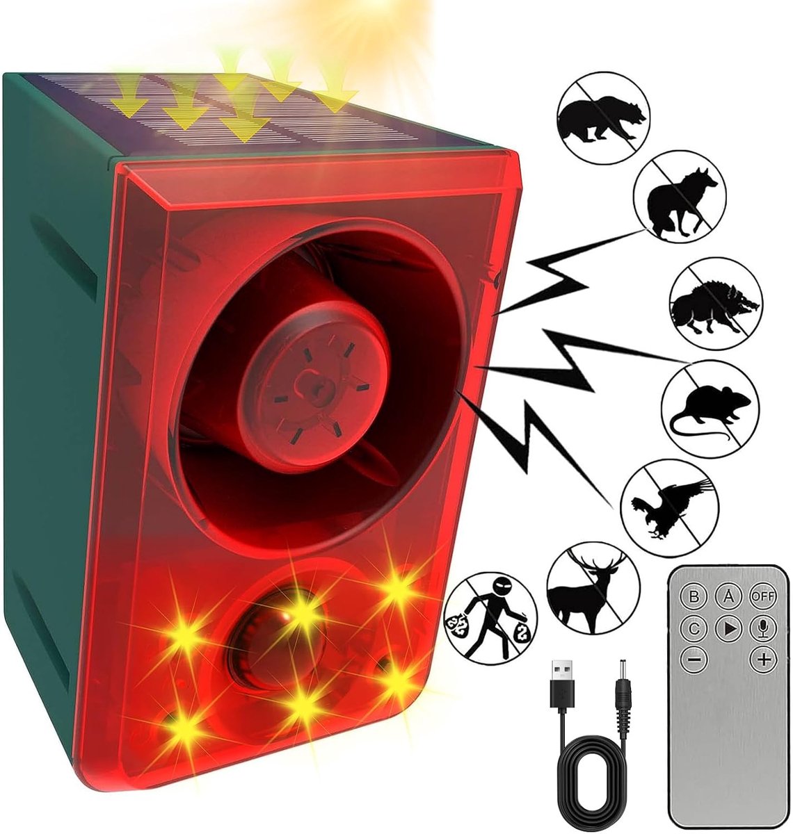 Zonne‑energie Buiten Bewegingssensor Alarm, Hondenblaf‑ en schotgeluid 130dB, Ondersteunt opnamefunctie en instelbaar volume, 3 werkmodi met flitslicht voor Huis, Villa, Boerderij en Schuur, 1 Stuk