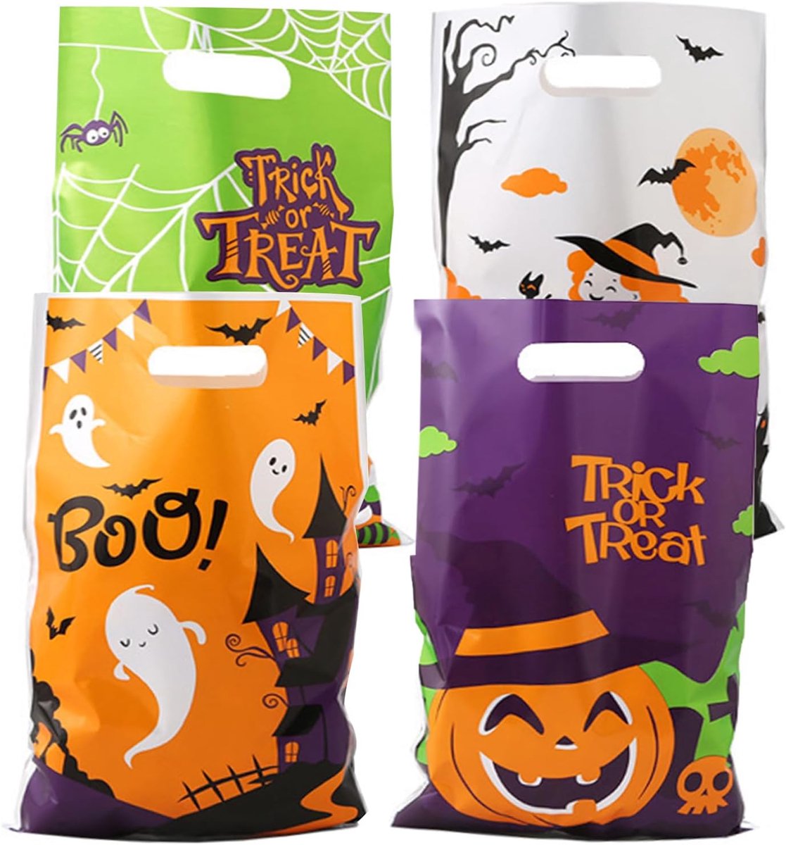 100 plastic snoepzakjes voor Halloween, met handvatten, perfect als cadeautje voor een Halloweenfeestje.