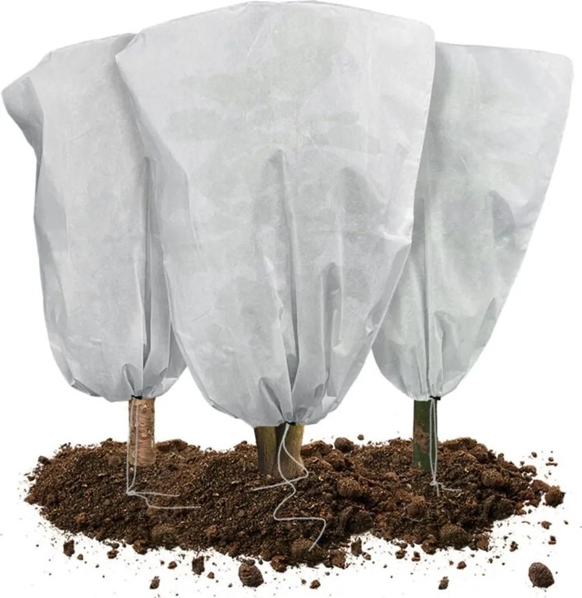 Een set van 3 winterplantenbeschermers Geschikt voor trekkoord, gemaakt van polypropyleen, 80 g/m², 80 x 100 cm, wit.