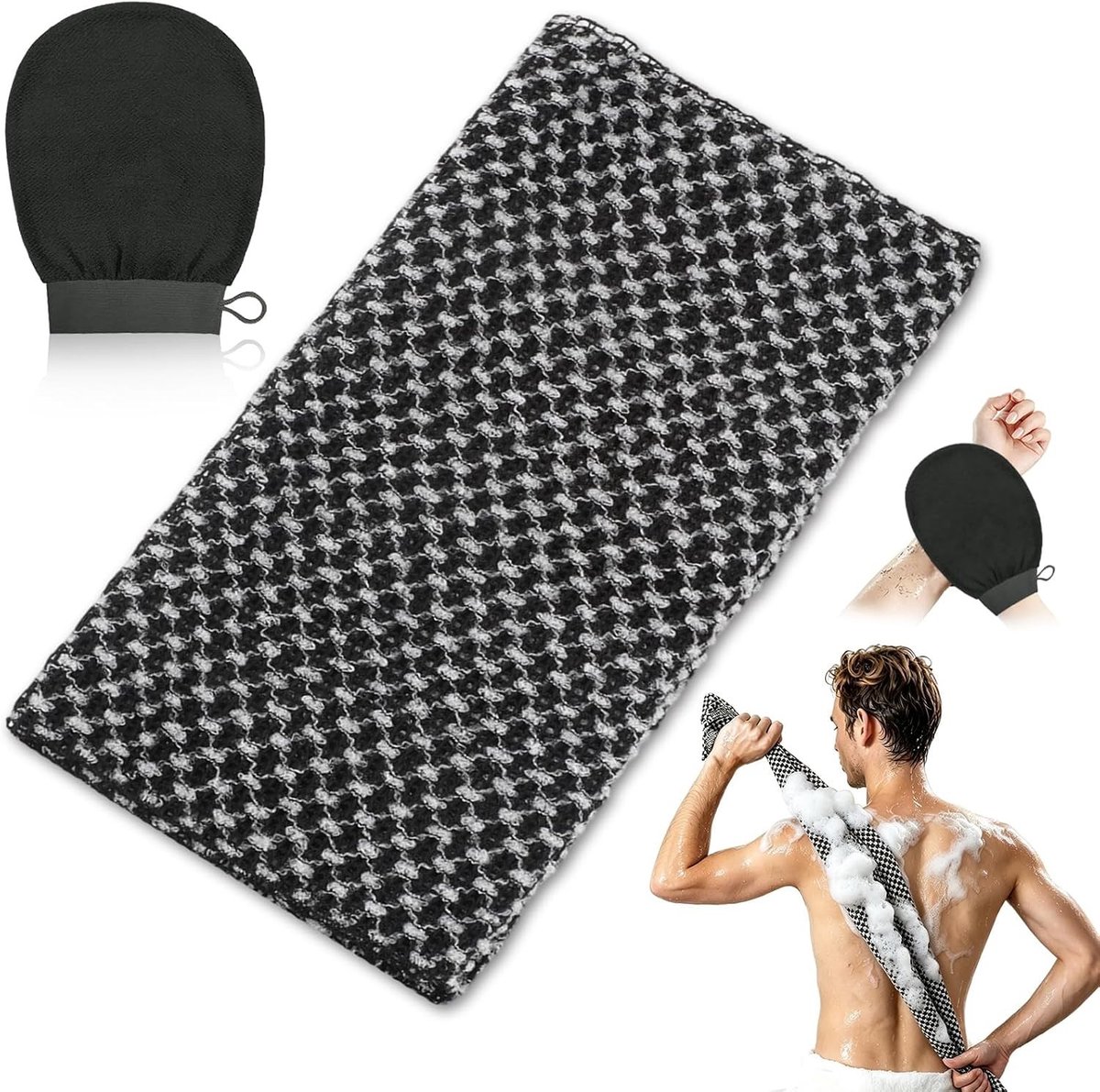 Peeling Douchehanddoek Set - Zwart - 27 x 120 cm - Badhanddoeken voor een Verfrissende Peeling