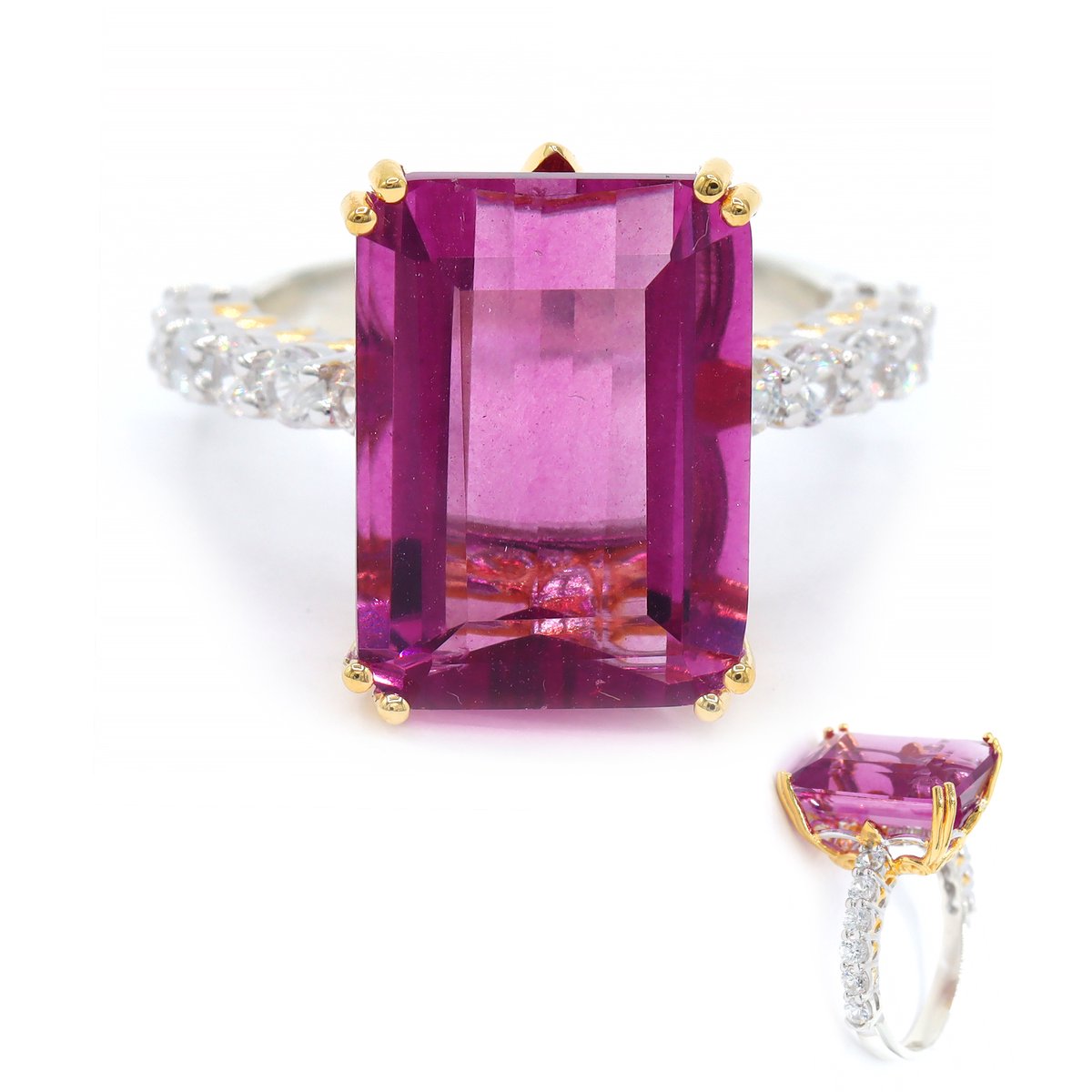 Cavill - Elegante 925 Sterling Zilver Ring met Palladium - 11,16 ct Roze Fluoriet en 12x 0,864 ct Rond Zirkonen - Achthoekige Smaragdslijpvorm