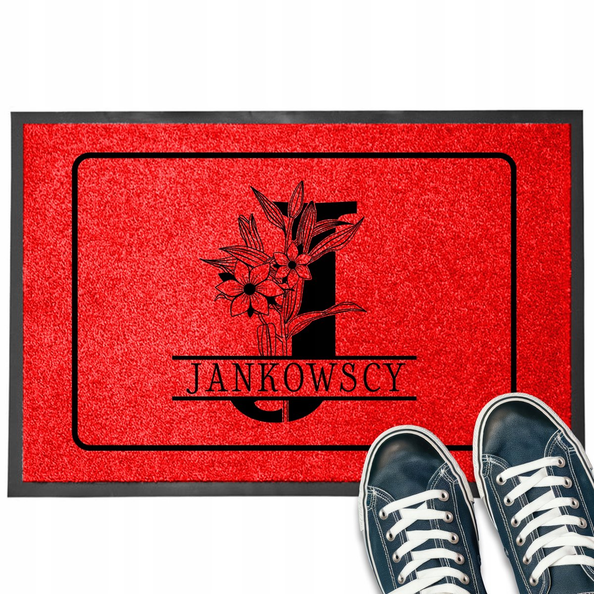 Deurmat met Plantenmotief - Personaliseerbaar - Rood & Zwart