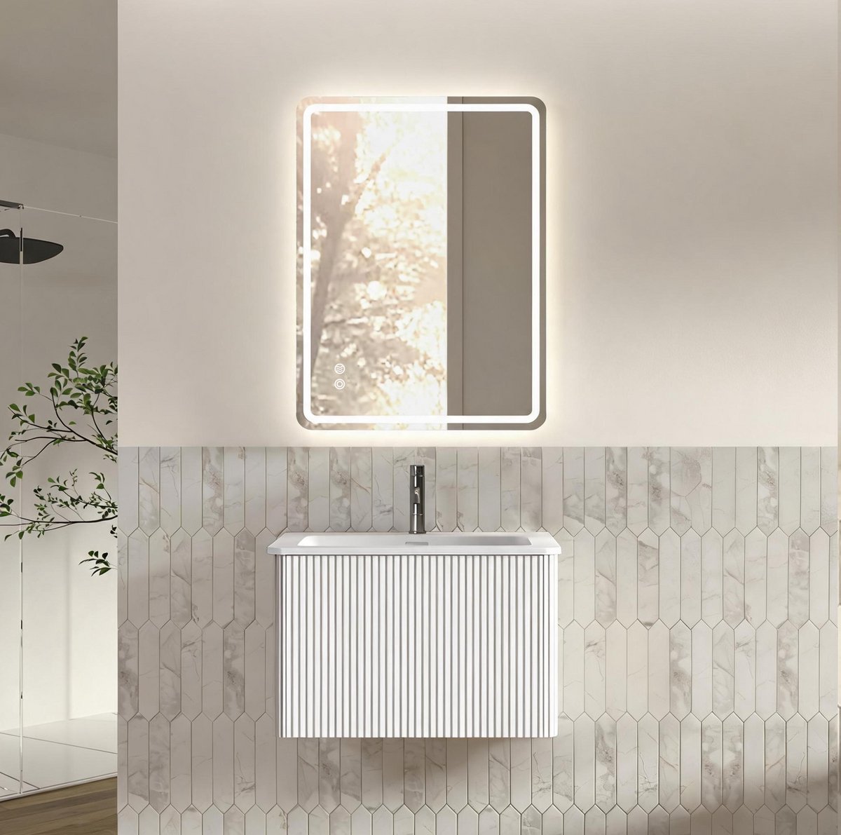 MIVRAY Badkamermeubelset Met Spiegel En Wandmontage - Vormontage - Strakke Witte Dressoirkast Met Led Spiegel - 60 X 80 Cm