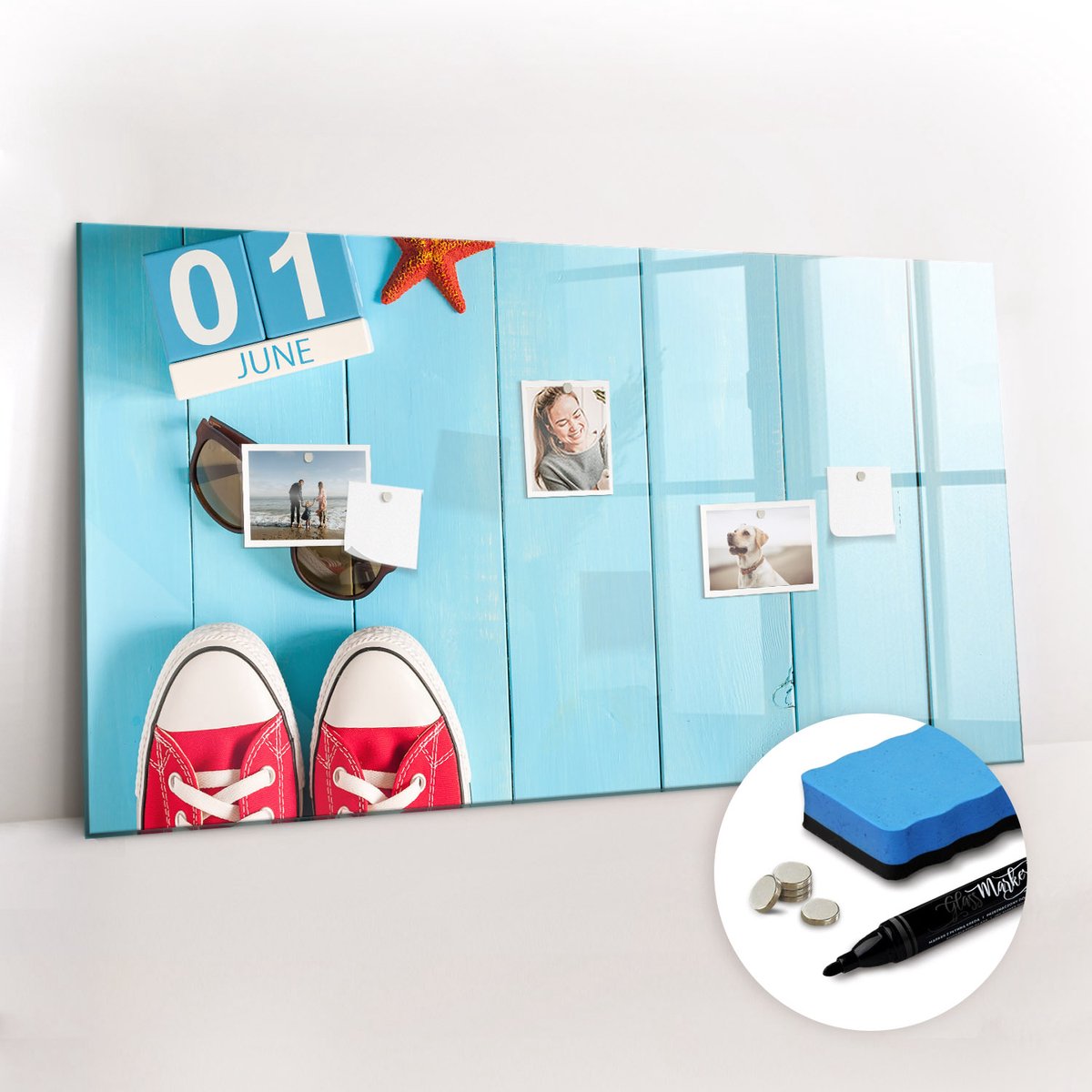 Tulup Whitebord - De eerste dag van de zomer - 120 x 60 cm - Blauw Memo Bord - Gratis 5 Sterke Magneten + Whiteboard Marker & Wisser - Decoratief Magnetisch Bord - Memo Magneetbord - Ideeënbord Thuiswerkplek