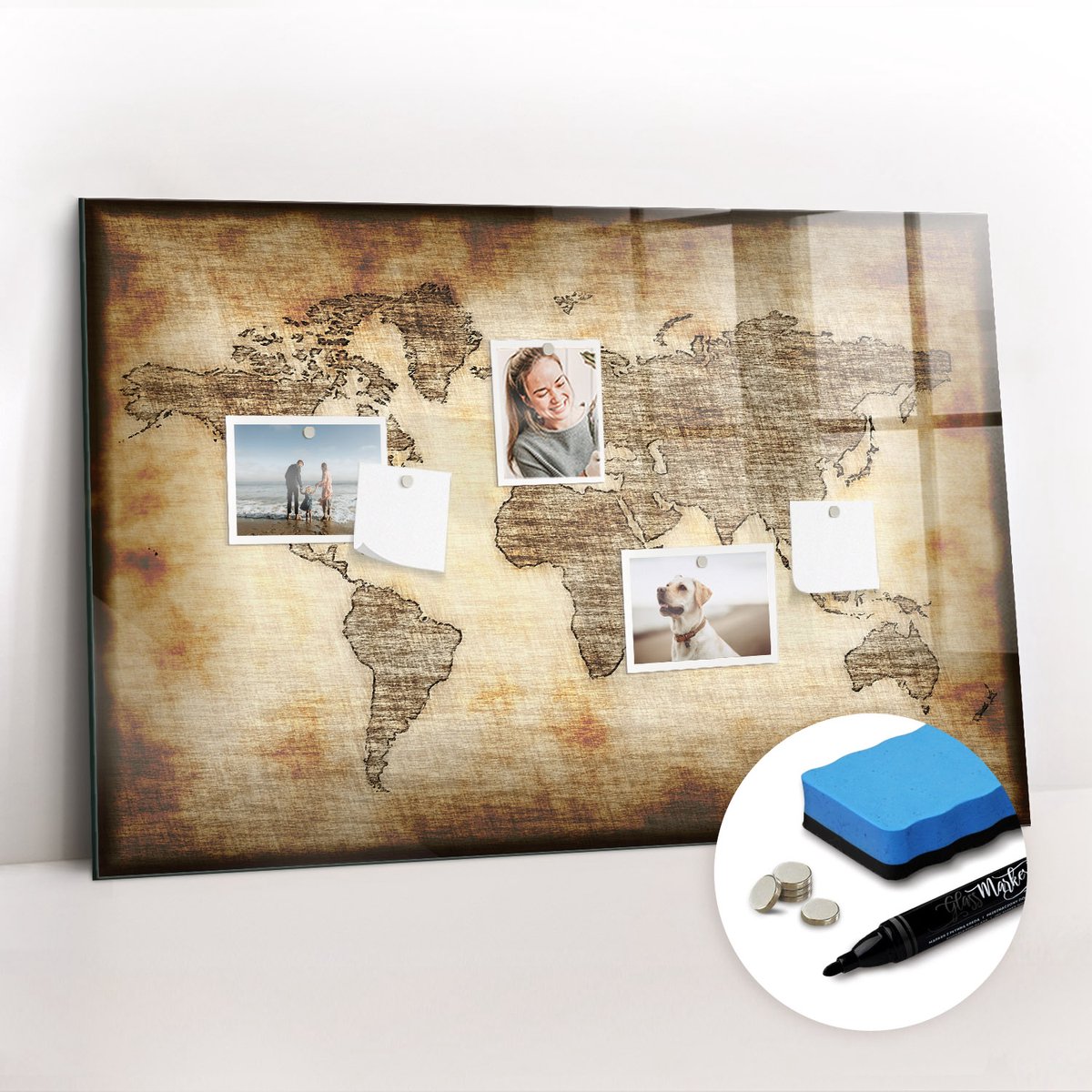 Tulup Whitebord - Archiefkaart van de wereld - 90 x 60 cm - Bruin Metalen magneetborden met lijst - Gratis 5 Sterke Magneten + Whiteboard Marker & Wisser - Scandinavisch Design Bord - Memobord Glas - Notitiebord Werkplek