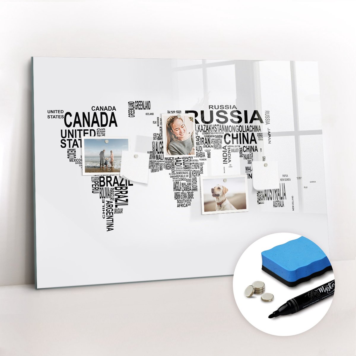 Tulup Whitebord - Continenten gemaakt van letters - 100 x 70 cm - Grijs Magneetbord Design - Gratis 5 Sterke Magneten + Whiteboard Marker & Wisser - Moderne Wanddecoratie - Foto Magneetbord - Planning Muur