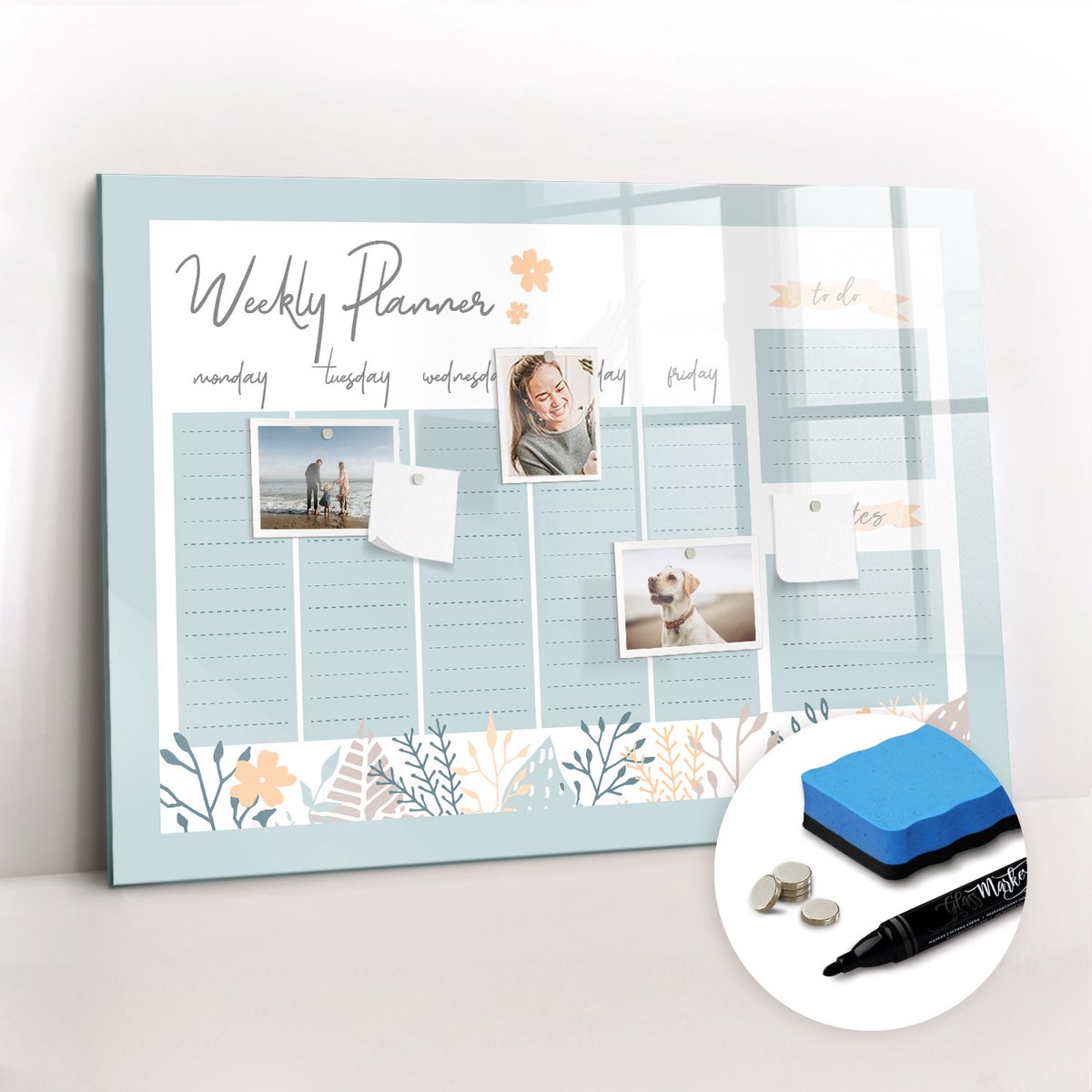 Tulup Whitebord - Weekschema - 100 x 70 cm - Blauw Memo Magneetbord - Gratis 5 Sterke Magneten + Whiteboard Marker & Wisser - Moderne Wanddecoratie - Magnetic Board - Organiseer Je Bureau
