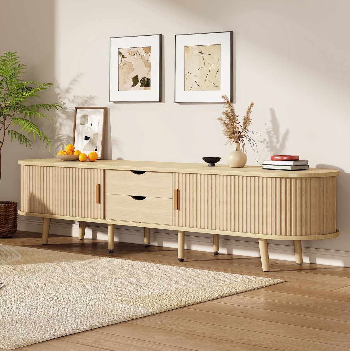 HAUSS SPOLE Dressoir - TV Meubel Met 2 Lades En Schuifdeuren - Voor Woonkamer En Slaapkamer - MDF Licht Walnoot - 175x40x42 Cm