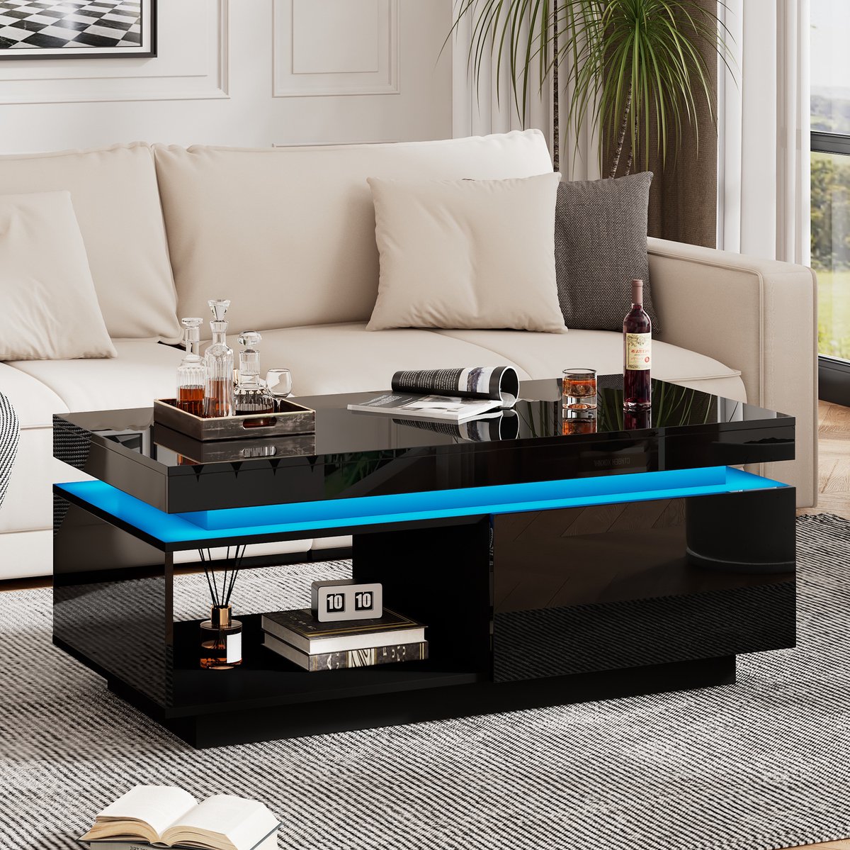 HAUSS SPOLE Salontafel - Hoogglans Met Ledverlichting En Lade - Modern Voor Woonkamer - Spaanplaat - 100x50x40,3 Cm - Zwart