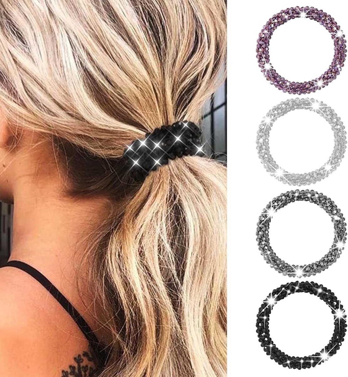 4 stuks strass elastische haarelastiekjes glinsterende kristallen haaraccessoires kralen set haarbanden dames en meisjes