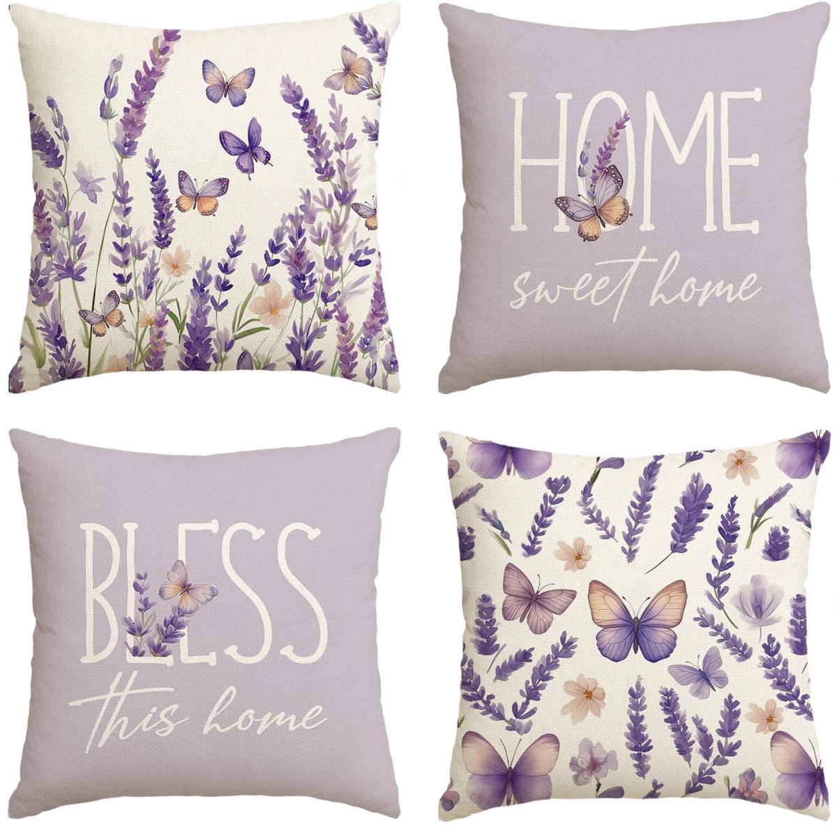 Mode Set van 4 kussenslopen paars lavendel vlinder lente kussenslopen 45 x 45 cm zomer Home Sweet Home Seizoensgebonden sierkussenhoes kussenhoes decoratie