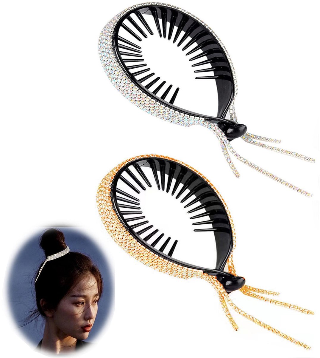 2 stuks paardenstaart-haarklemmen, grote haarclip, antislip, haarspelden, klauwclips, strass, haarspeld, kwastje, haaraccessoires voor vrouwen, dames, meisjes (kleurrijk, goud)