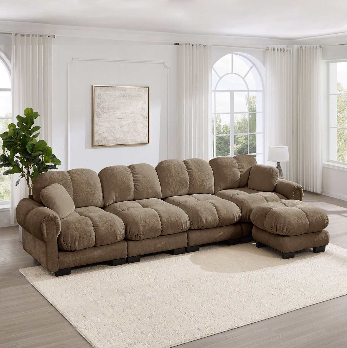 MIVRAY Hoekbank 4-Zits - L-Vormig Met Mobiele Ottomane En Gestikt Design - Voor Woonkamer - Chenille Bruin