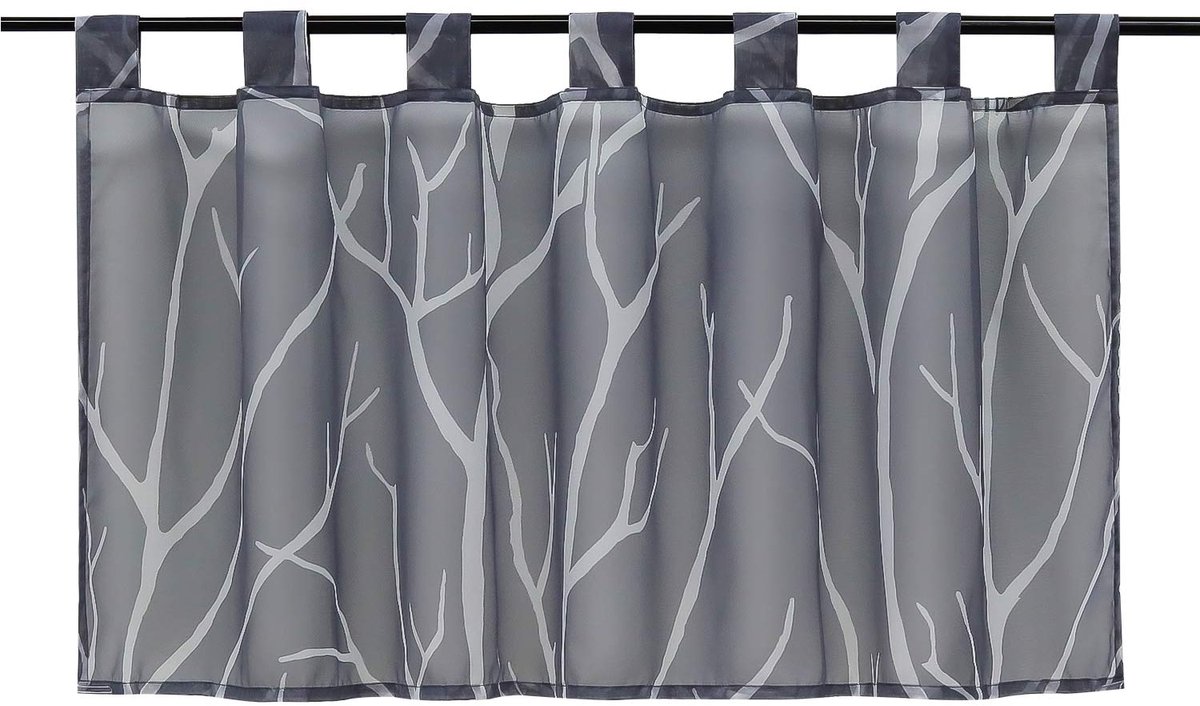 transparante voile ruitgordijn, modern, met lussen, korte store, bedrukt met boomtakken, keukengordijn, grijs, HxB 60x120 cm