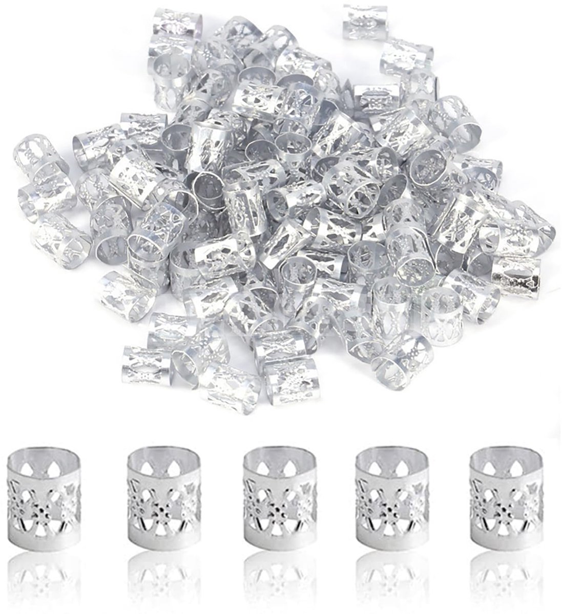 accessoires, verstelbare metalen manchetten, aluminium kralen voor dreadlocks, haaraccessoires voor modeshows en feestjes, zilver