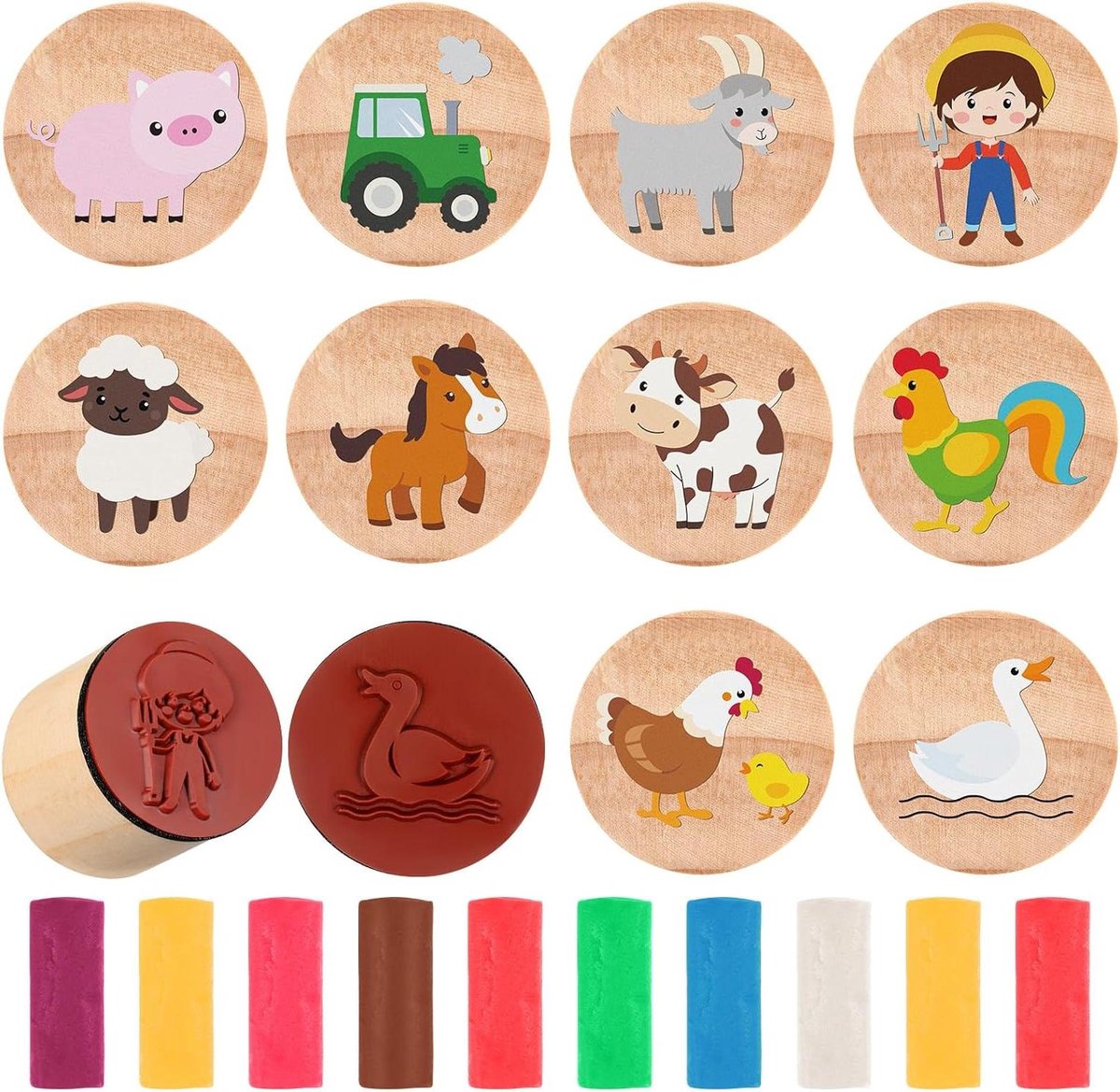 Houten Stempel Set - Dierenstempels Plasticine - Kinderen Knutselen - 10 Verschillende Dieren - 4 cm Diameter - Veelkleurig