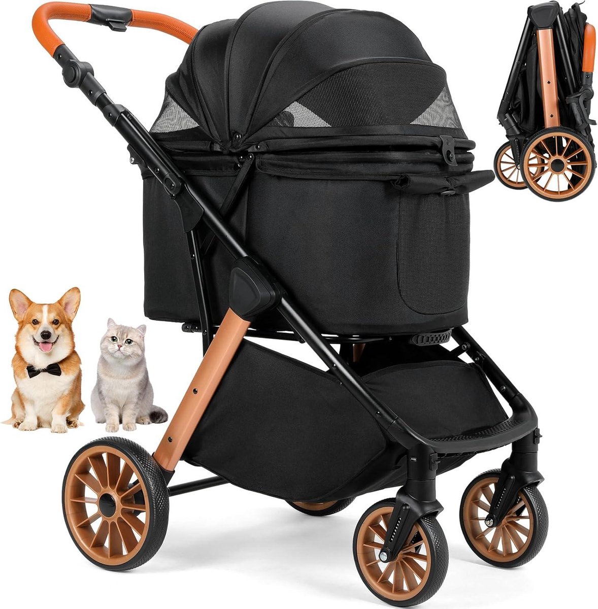 Hondenbuggy - Dierenwagen - Reizen met huisdier - Met één hand inklapbaar - Tot 25 kg - Zwart