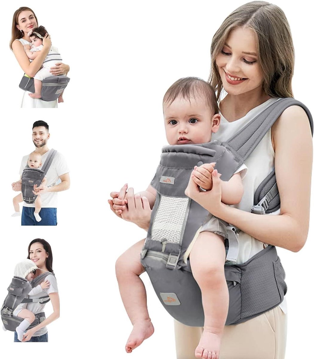 Babydrager met Heupzitje - Kinderdrager Draagzak - Baby Comfortabel Dragen - Ergonomisch M-Zitje - 0-36 Maanden - Grijs