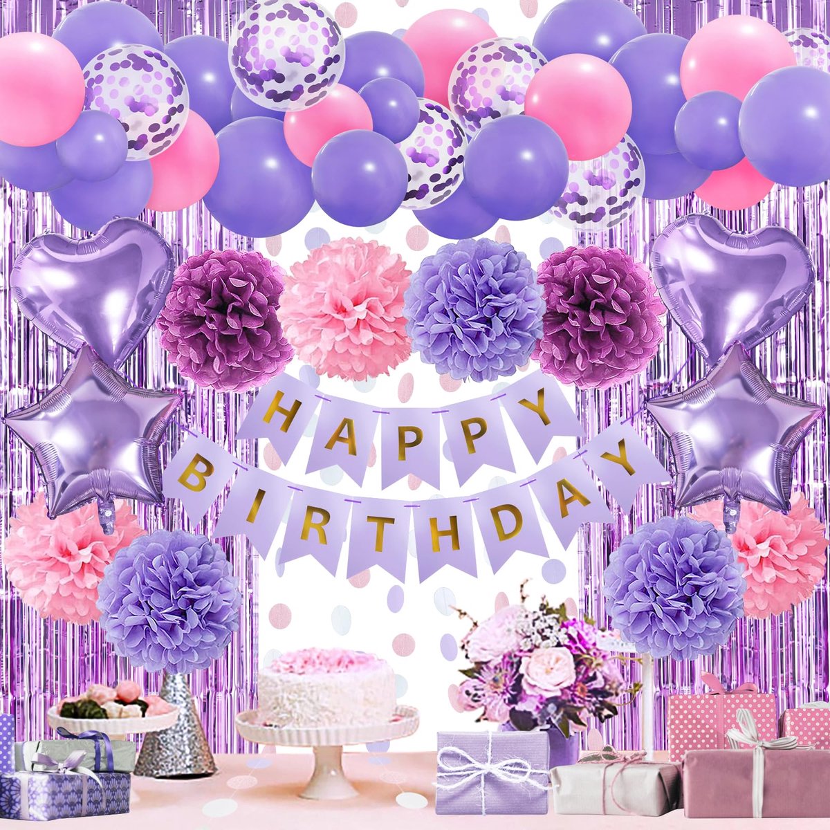 Roze en paarse verjaardagsfeestdecoraties voor vrouwen en meisjes, Happy Birthday-banner pompons ballonboog franje gordijn feestdecor voor babymeisjes vrouwen paars roze verjaardagsfeestje